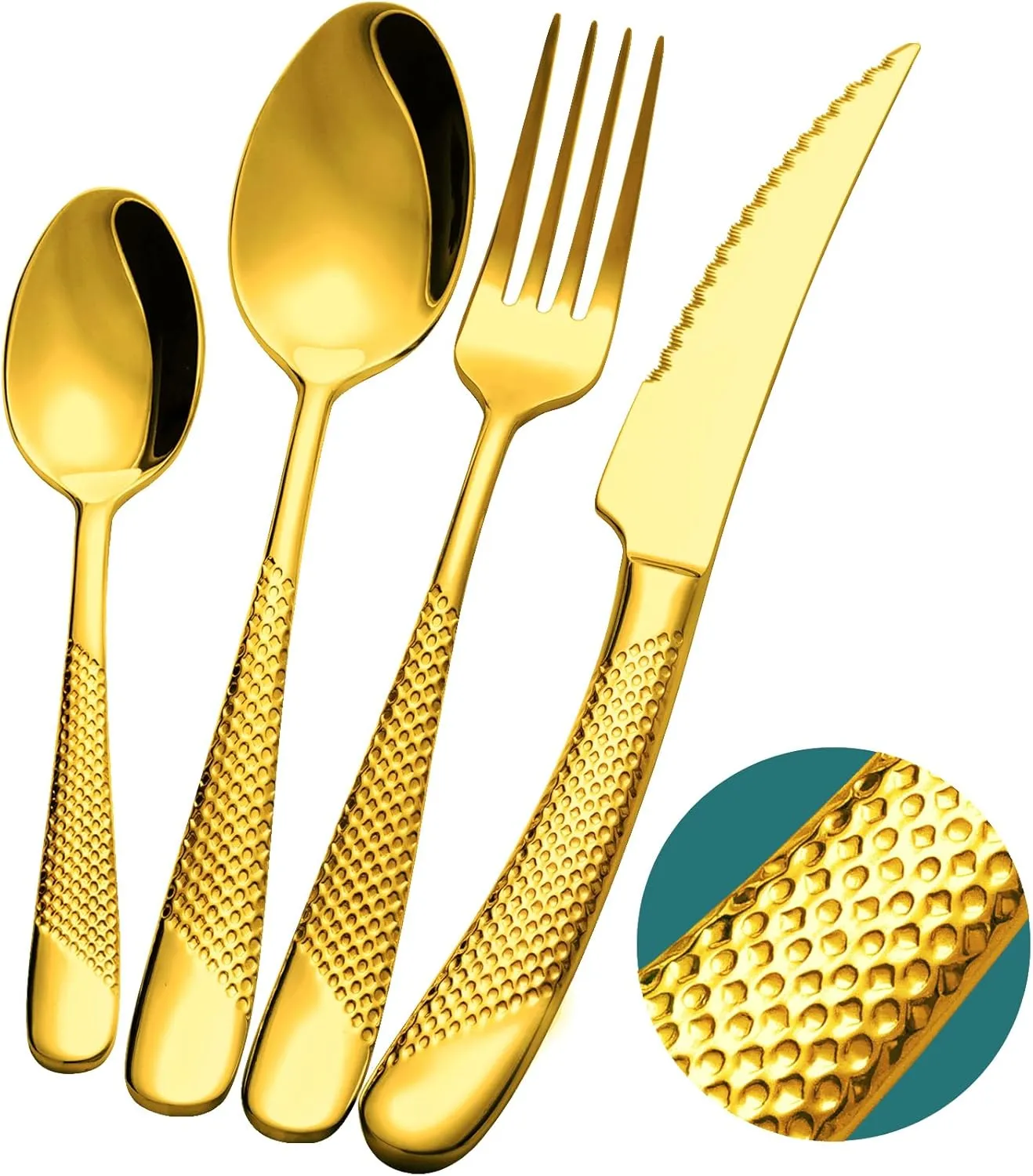 16-Piece ​Luxury Gold Hammered Silverware Set with Ultra Sharp 2-IN-1 Serrated Knife, 18/10 Stainless Steel Flatware Set, Tableware Cutlery Set for 4, Forks Spoons Knives Set