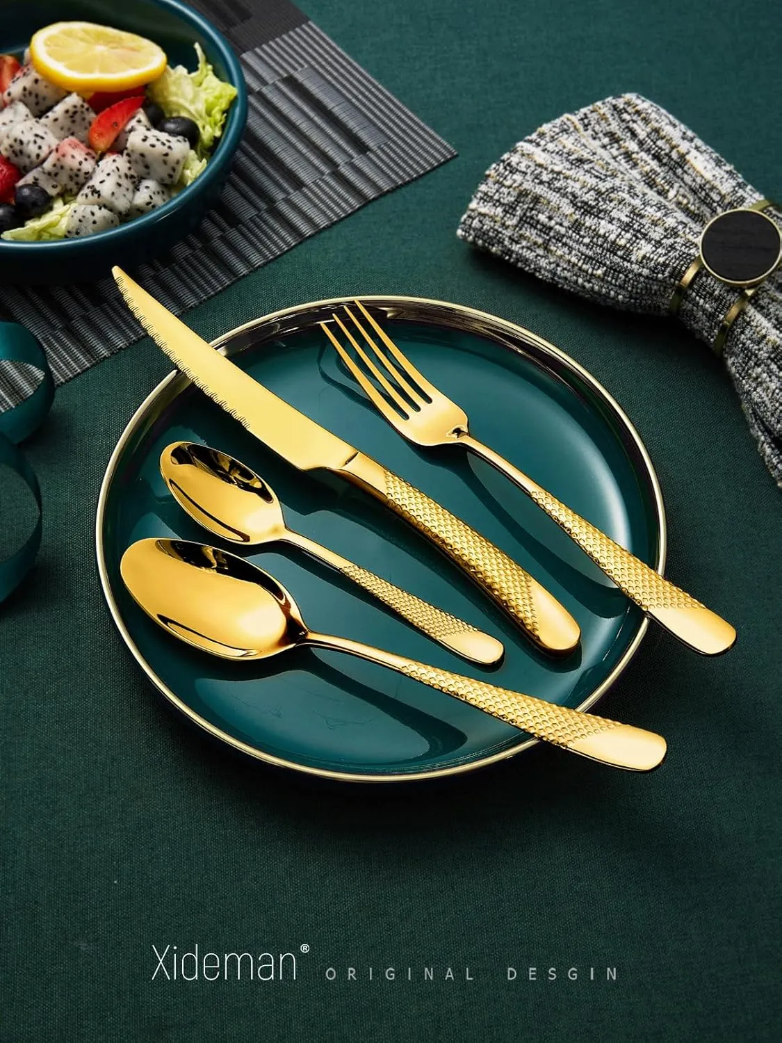 16-Piece ​Luxury Gold Hammered Silverware Set with Ultra Sharp 2-IN-1 Serrated Knife, 18/10 Stainless Steel Flatware Set, Tableware Cutlery Set for 4, Forks Spoons Knives Set