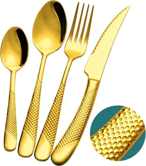 16-Piece ​Luxury Gold Hammered Silverware Set with Ultra Sharp 2-IN-1 Serrated Knife, 18/10 Stainless Steel Flatware Set, Tableware Cutlery Set for 4, Forks Spoons Knives Set