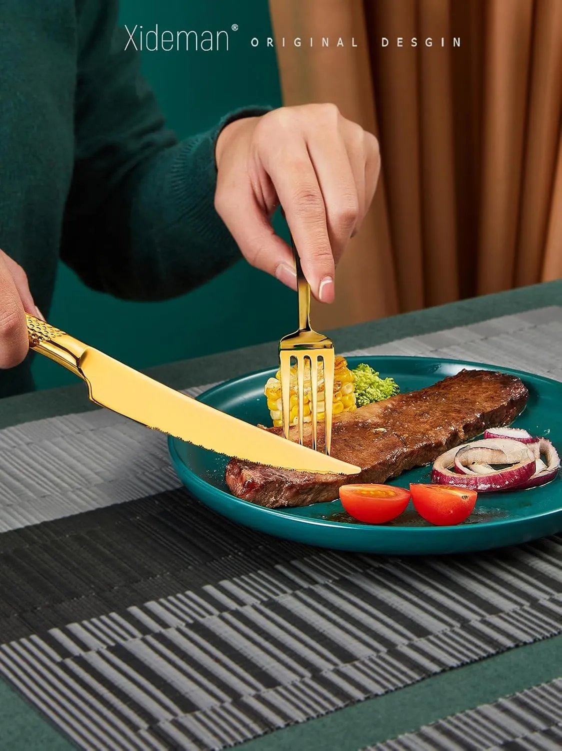 16-Piece ​Luxury Gold Hammered Silverware Set with Ultra Sharp 2-IN-1 Serrated Knife, 18/10 Stainless Steel Flatware Set, Tableware Cutlery Set for 4, Forks Spoons Knives Set