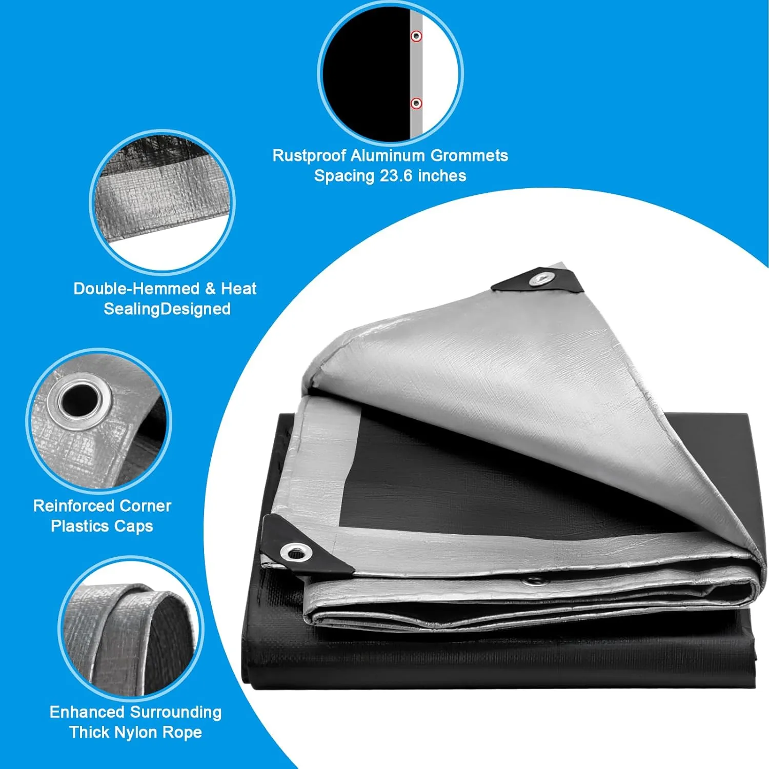 16Mil Finished Size 12x16 Tarp Heavy Duty Waterproof, Large Outdoor Multipurpose Protective Cover (Silver/Black)