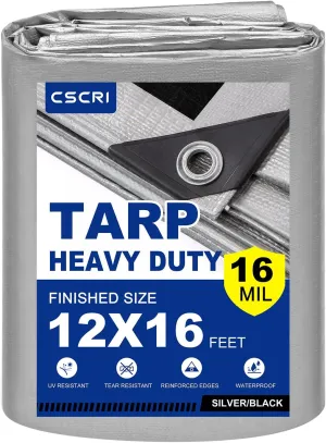16Mil Finished Size 12x16 Tarp Heavy Duty Waterproof, Large Outdoor Multipurpose Protective Cover (Silver/Black)