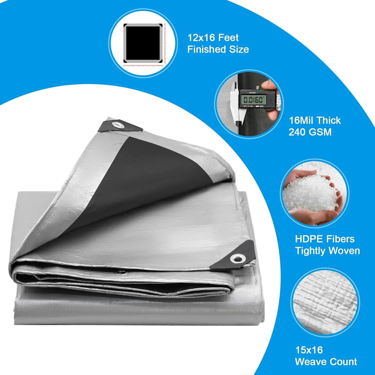 16Mil Finished Size 12x16 Tarp Heavy Duty Waterproof, Large Outdoor Multipurpose Protective Cover (Silver/Black)