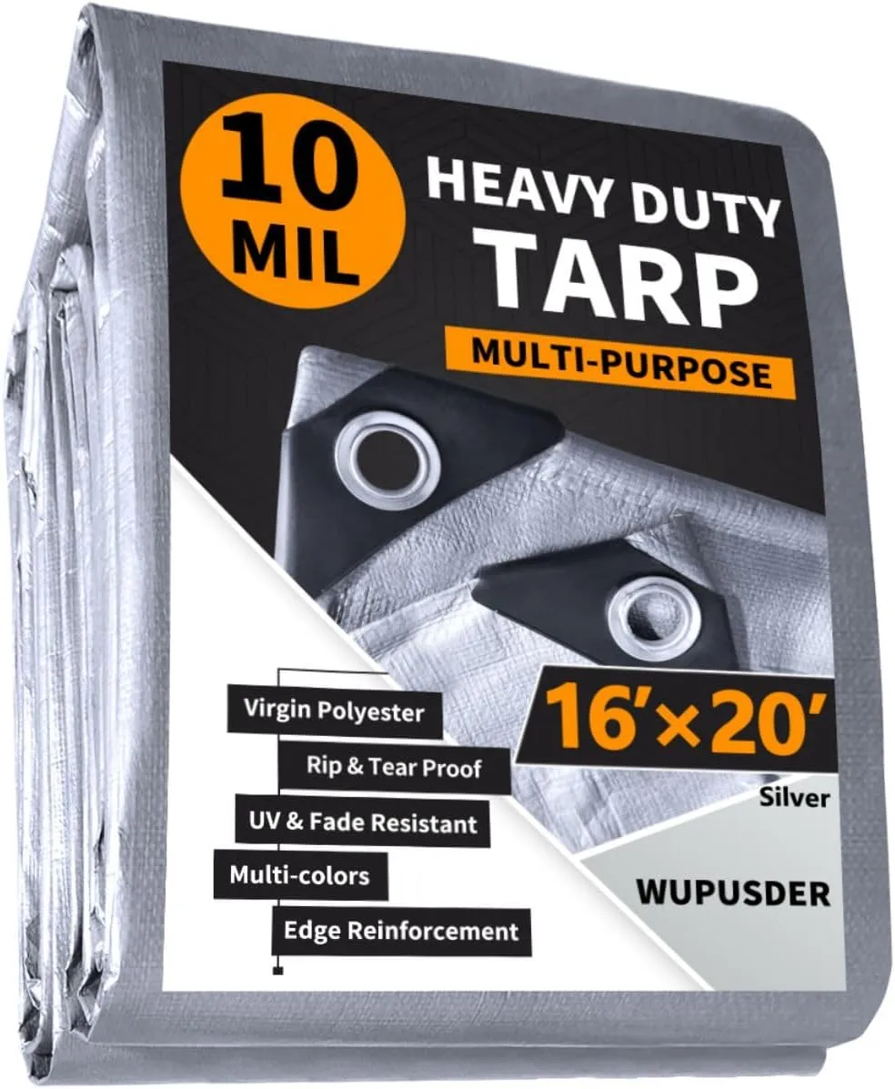 16'x20' Heavy Duty Tarp, 10Mil Silver Waterproof Tarps with Grommets, UV Resistant, Poly Tarpaulin with Reinforced Edges, Cover for Car, Roof, Camping