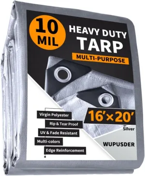 16'x20' Heavy Duty Tarp, 10Mil Silver Waterproof Tarps with Grommets, UV Resistant, Poly Tarpaulin with Reinforced Edges, Cover for Car, Roof, Camping