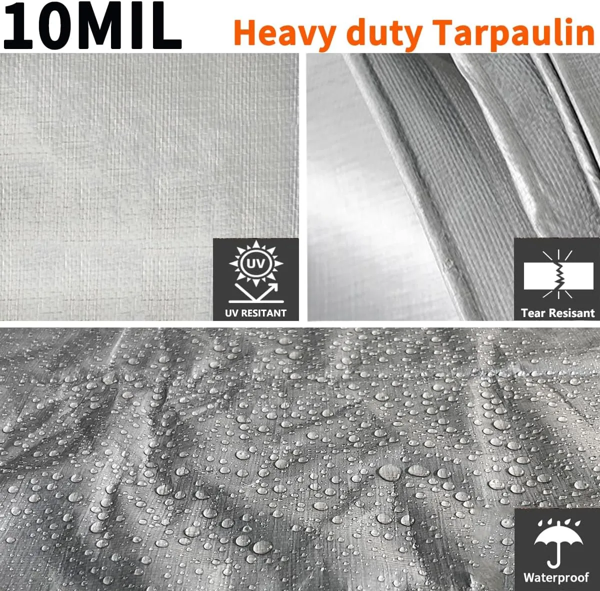 16'x20' Heavy Duty Tarp, 10Mil Silver Waterproof Tarps with Grommets, UV Resistant, Poly Tarpaulin with Reinforced Edges, Cover for Car, Roof, Camping