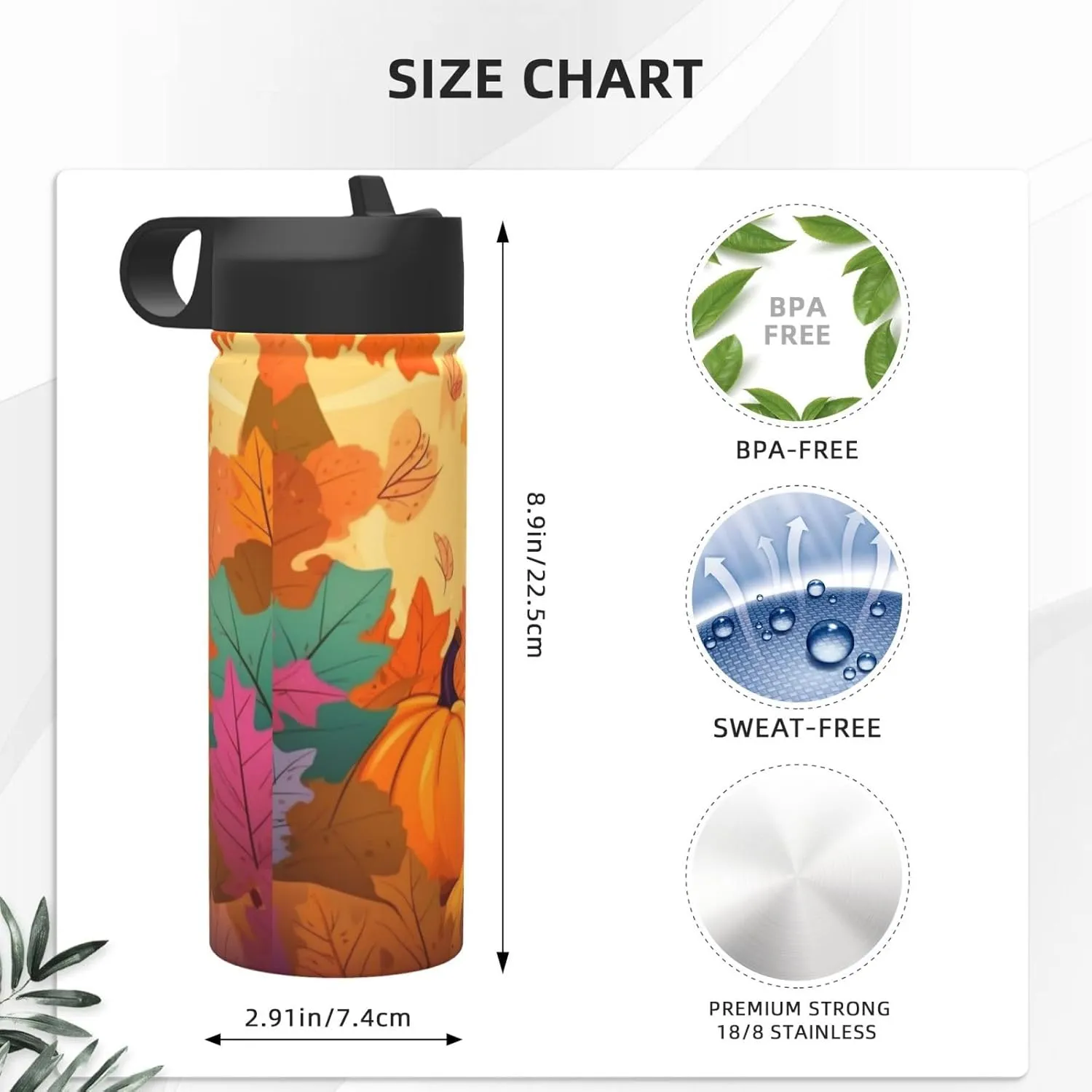 18 oz Colorful Fall Leaves Double Wall Insulated Water Bottle with Straw and Lid, Stainless Steel Sports Bottles Thanksgiving Pumpkin Travel Mug for Home Office