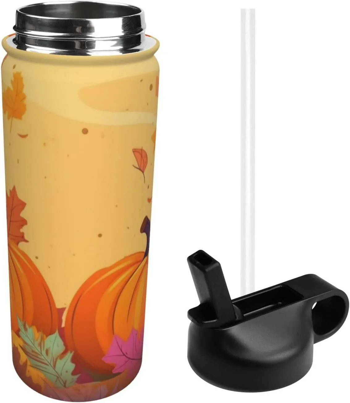 18 oz Colorful Fall Leaves Double Wall Insulated Water Bottle with Straw and Lid, Stainless Steel Sports Bottles Thanksgiving Pumpkin Travel Mug for Home Office