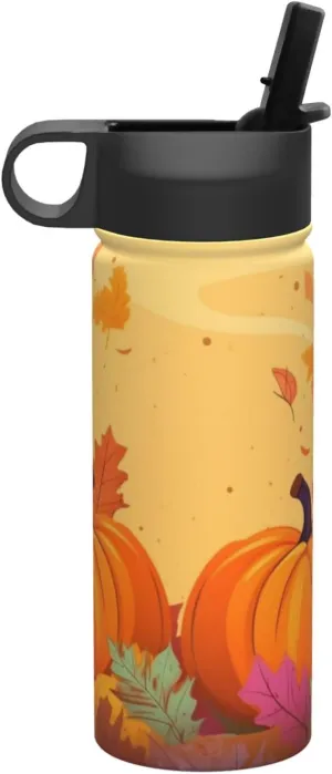 18 oz Colorful Fall Leaves Double Wall Insulated Water Bottle with Straw and Lid, Stainless Steel Sports Bottles Thanksgiving Pumpkin Travel Mug for Home Office
