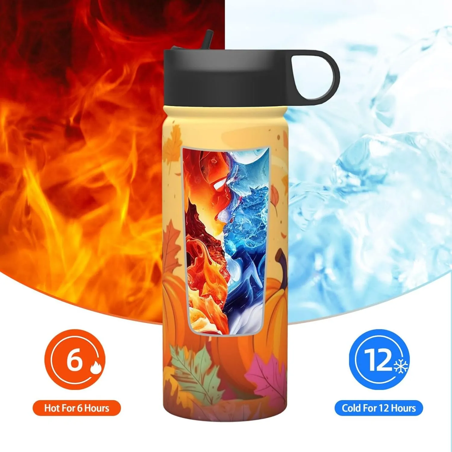 18 oz Colorful Fall Leaves Double Wall Insulated Water Bottle with Straw and Lid, Stainless Steel Sports Bottles Thanksgiving Pumpkin Travel Mug for Home Office