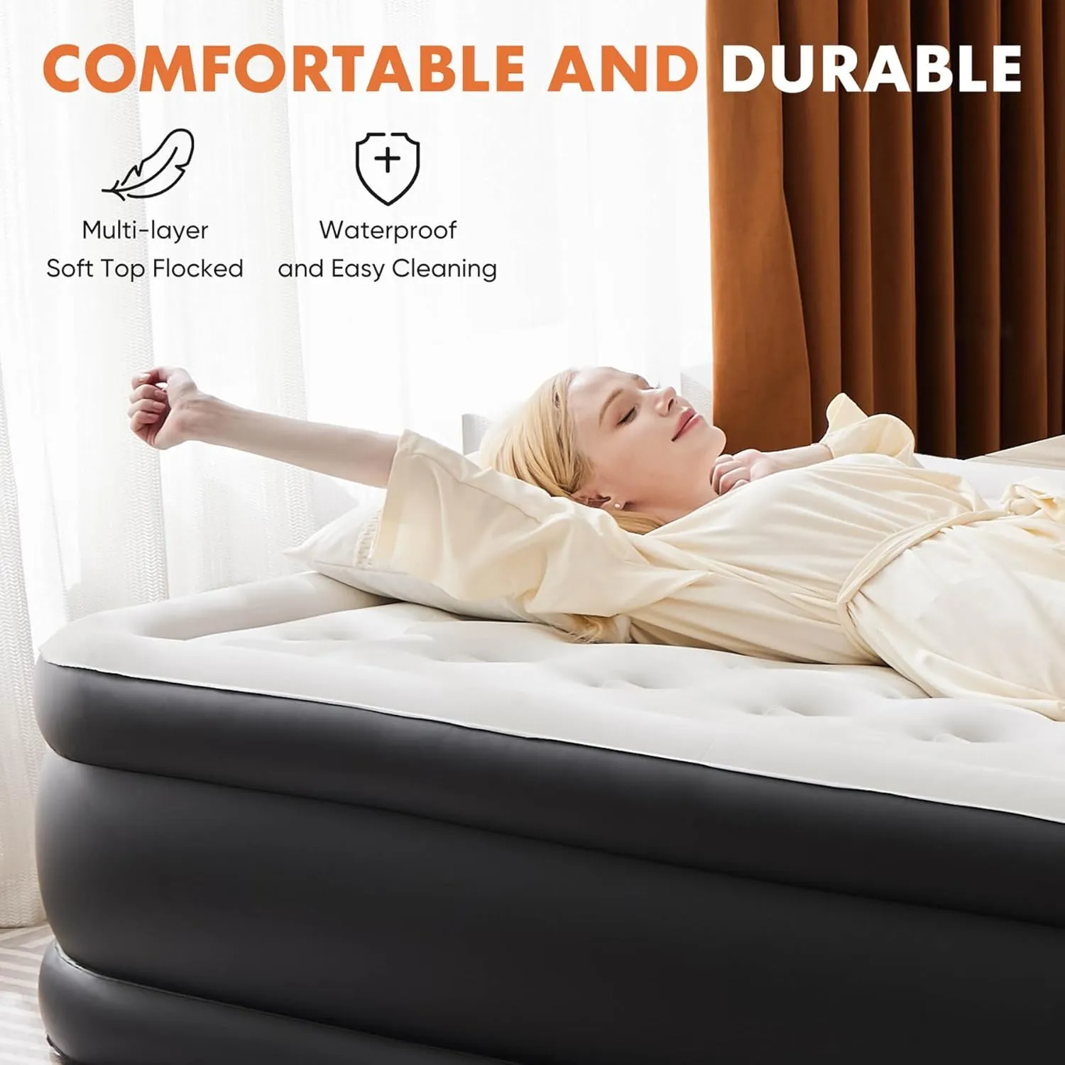 18" Queen Air Mattress with Built in Pump,Inflatable Mattress with Soft Flocked Top for Home,Floor Cushions for Adults,Sleeping Pad with a Carry Bag,Mattress Inflatable,660 Lbs (22“ Queen)
