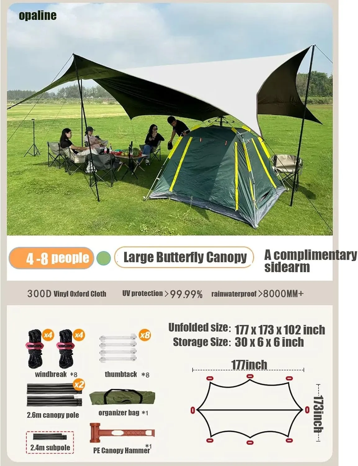 18x14ft Portable Camping Shade Sun Shelter UV Protection Multifunctional Outdoor Camping Traveling Awning Backpacking Tarp Shelter Rain Tarp(Milky White,177x173x102inch)