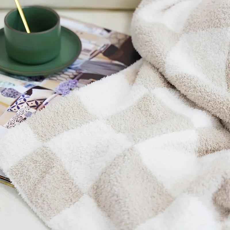 1pc Plush Feather Yarn Knitted Cozy Throw Blanket - Soft, Checkerboard Pattern, Warm, Lightweight, Easy Care - Perfect for Bed, Sofa, Couch, Office, Indoor Outdoor Use