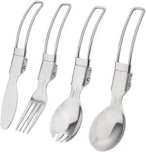 1SET Outdoor Camping Portable Tableware Four-piece Stainless Steel Folding Fork and Spoon Set