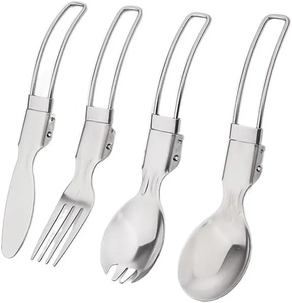 1SET Outdoor Camping Portable Tableware Four-piece Stainless Steel Folding Fork and Spoon Set