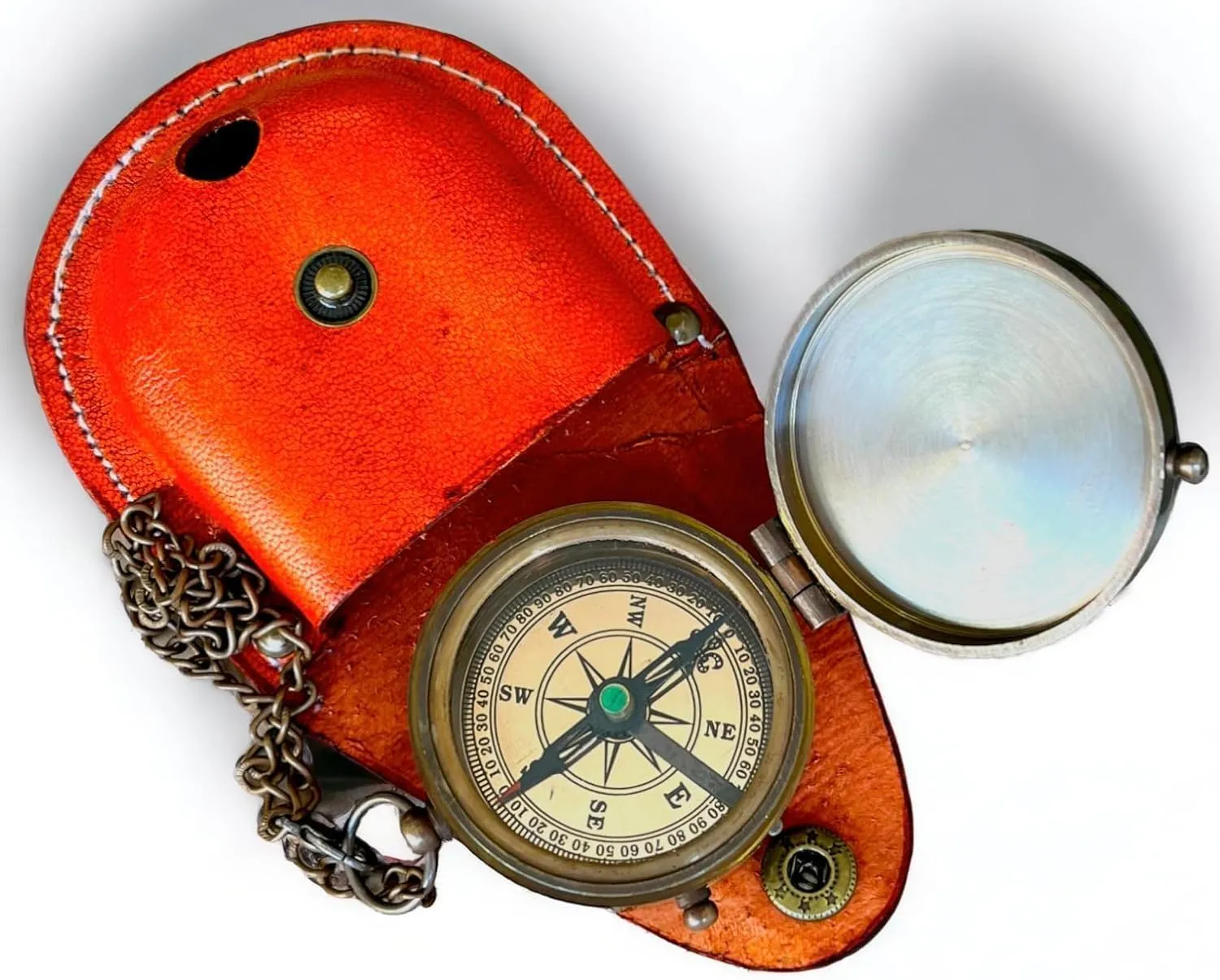 2 Inch Antique Marine Engraved Pocket Compass with Leather Case Brass Pocket Compass Handmade for Hiking, Compass for Birthday, Anniversary, Graduation Day by New Lite Hub. Brown Antique.