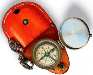 2 Inch Antique Marine Engraved Pocket Compass with Leather Case Brass Pocket Compass Handmade for Hiking, Compass for Birthday, Anniversary, Graduation Day by New Lite Hub. Brown Antique.