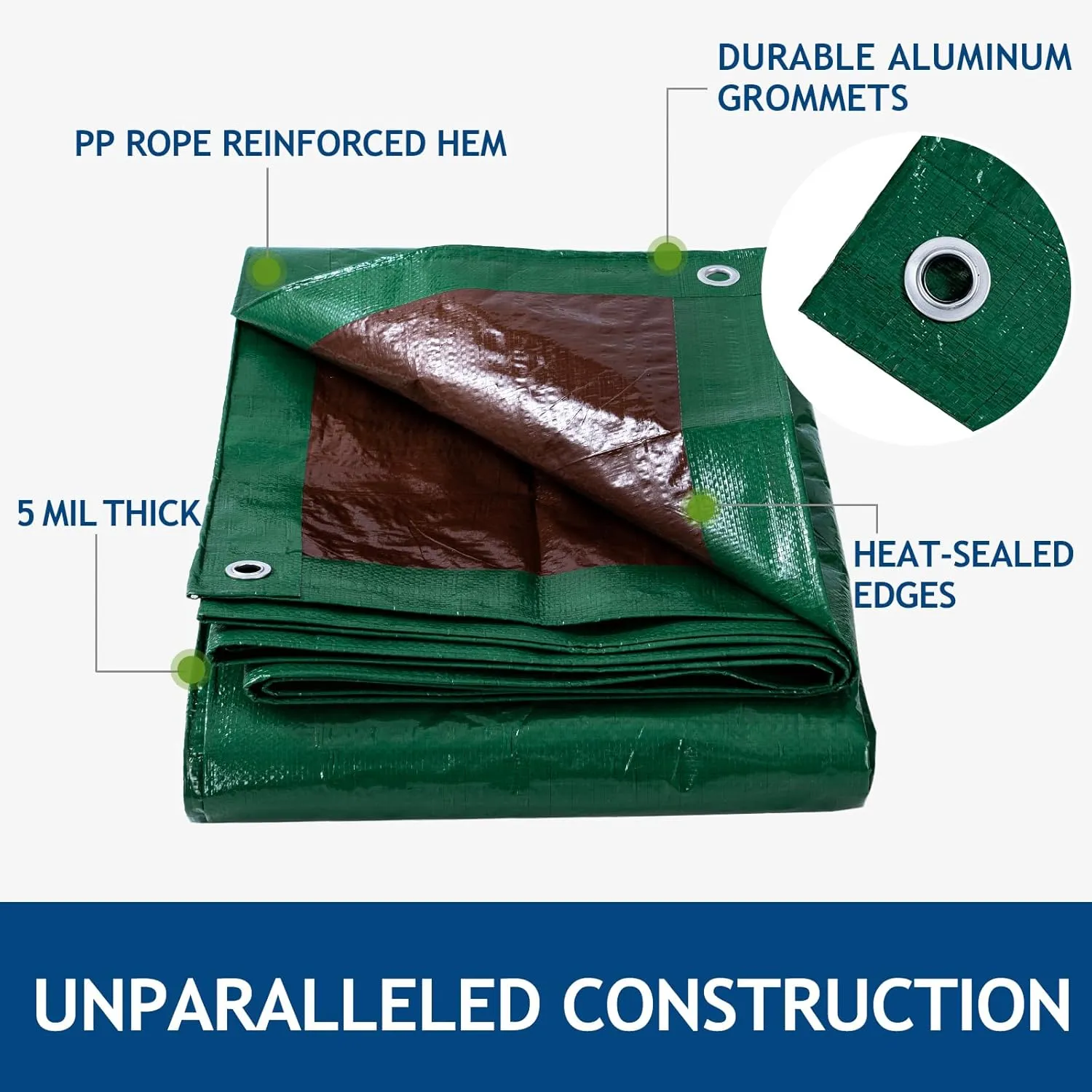 2 Pack 10x12 Ft Finished Size Tarps, 5 Mil Green Waterproof Tarps