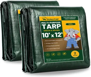 2 Pack 10x12 Ft Finished Size Tarps, 5 Mil Green Waterproof Tarps