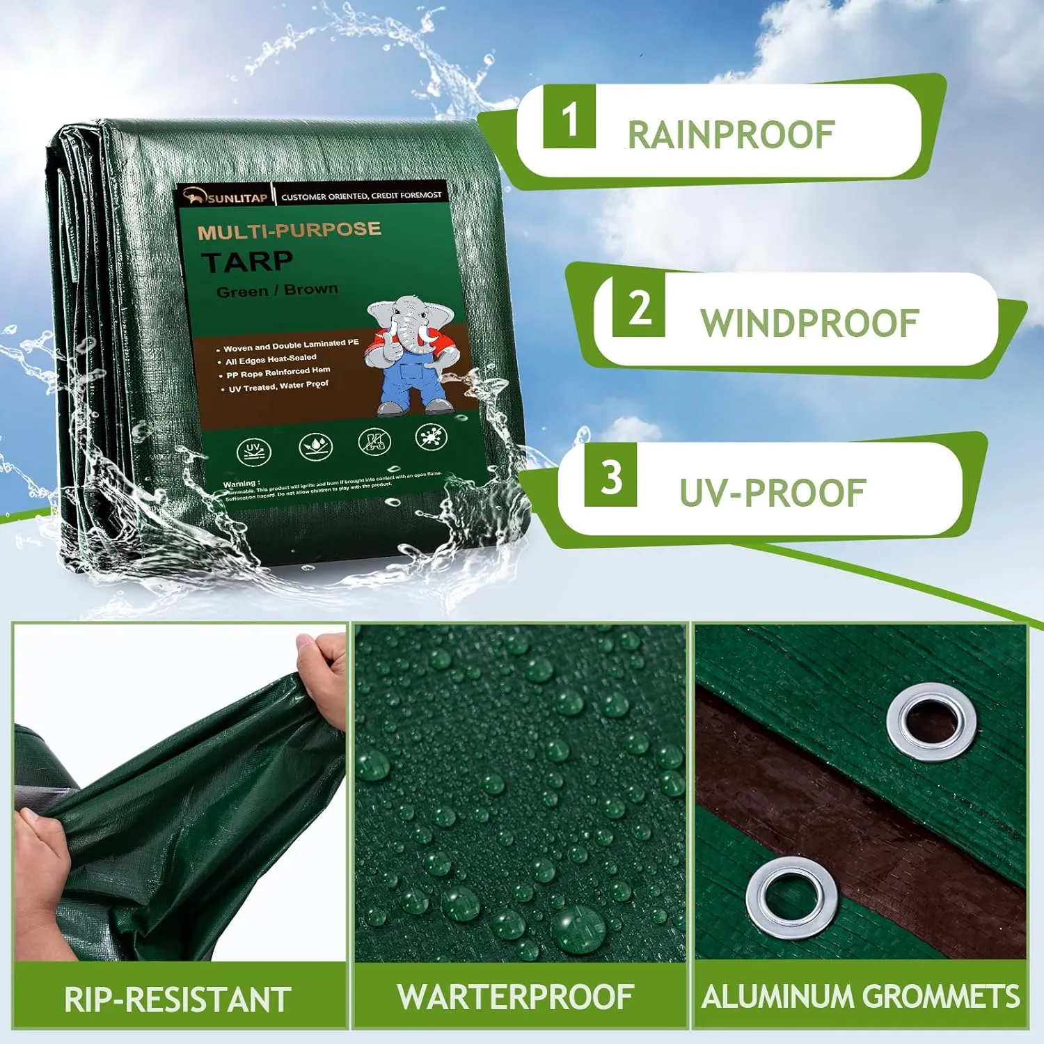 2 Pack 10x12 Ft Finished Size Tarps, 5 Mil Green Waterproof Tarps