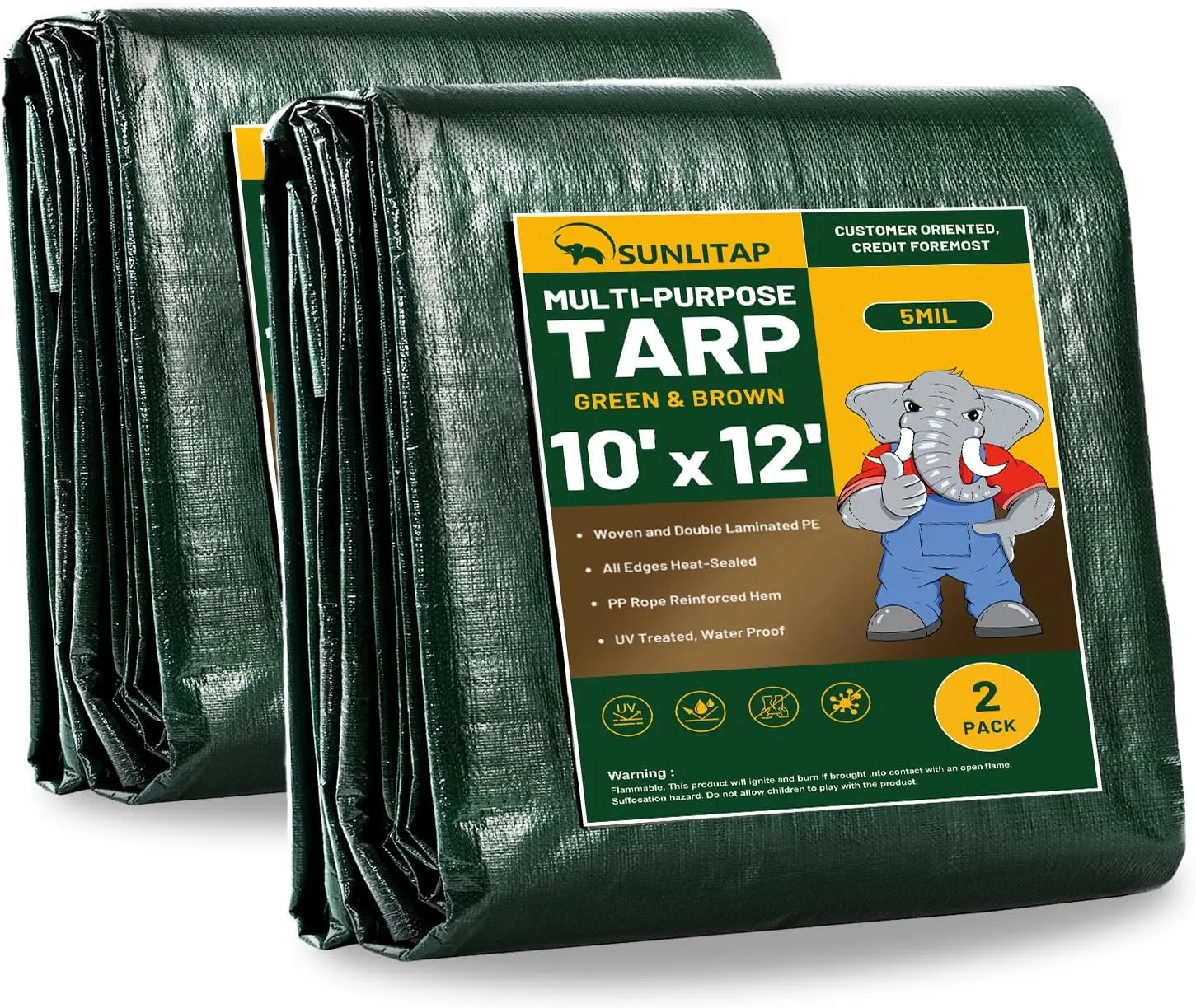 2 Pack 10x12 Ft Finished Size Tarps, 5 Mil Green Waterproof Tarps