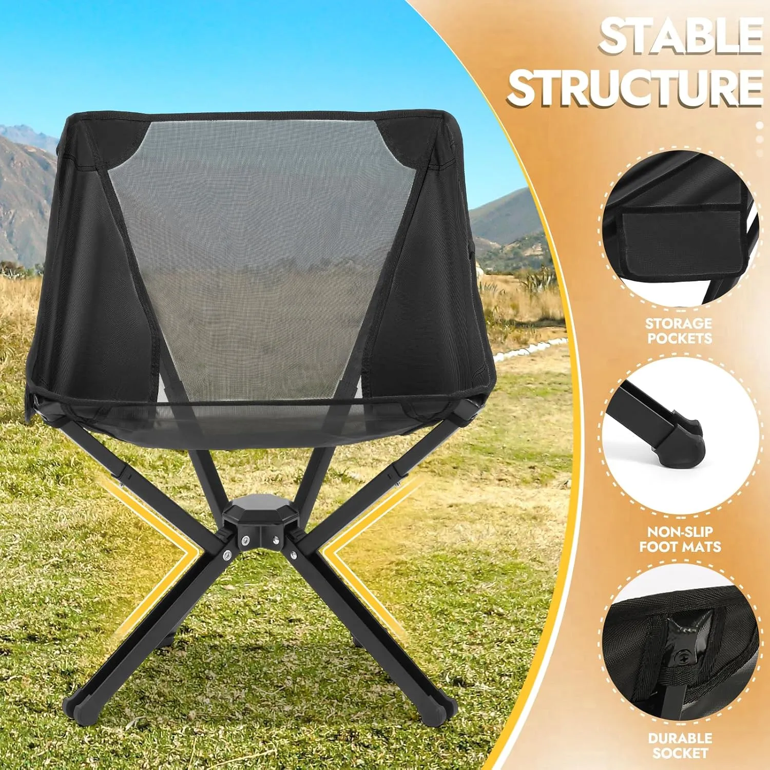 2 Pack Portable Chairs, Camping Chairs Supports 350 LBS ，Lightweight Folding Chair - Backpacking Chair for Outdoor Camping, Beach, Fishing, Picnic, Lawn, Concert, Hiking, Black