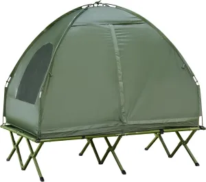 2 Person Foldable Camping Cot with Tent, Bedspread and Thick Air Mattress, 4-in-1 Elevated Camping Bed Tent for Outdoor Hiking, Picnic, Travel