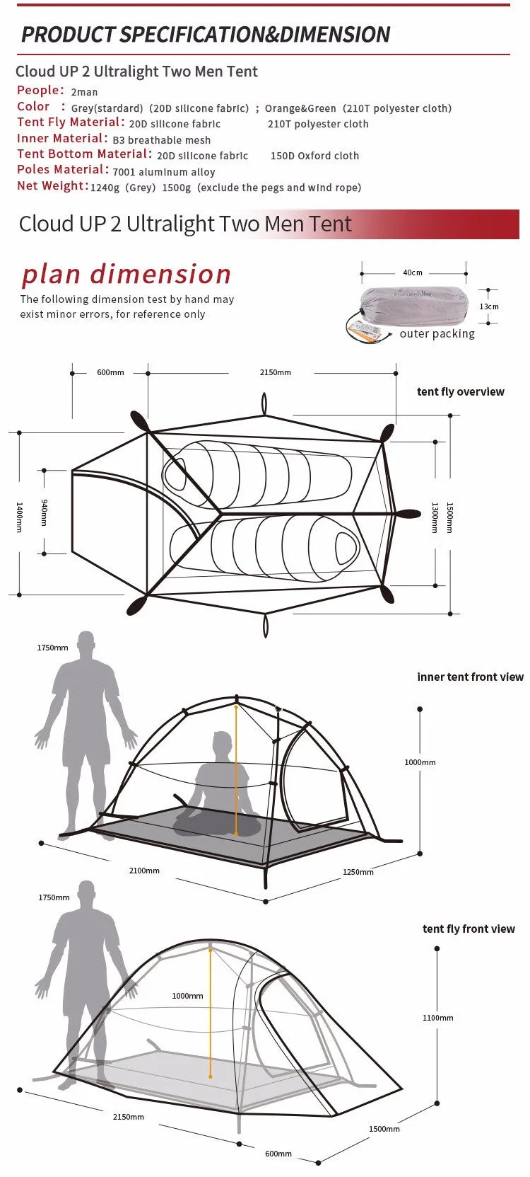 2 Person Tent 20D Silicone Fabric Tent Double-layer Camping Tent Lightweight 1.24kgon Mat