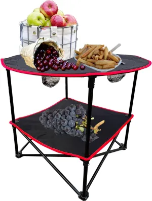 2 Tier Outdoor Camping Gear, Foldable Camping Table with Carry Bag and 4 Cup Holders,Lightweight Collapsible Canvas Table for Beach, Picnic, BBQ,Campfires,Fishing,Hiking,Tailgating