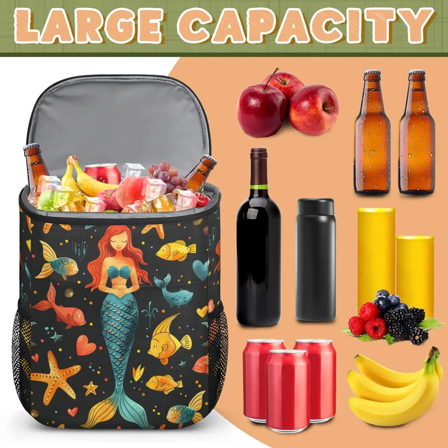 20-Hour Insulated Backpack Cooler Beautiful Mermaid Leakproof Cooler Bag Portable Cooler Backpack
