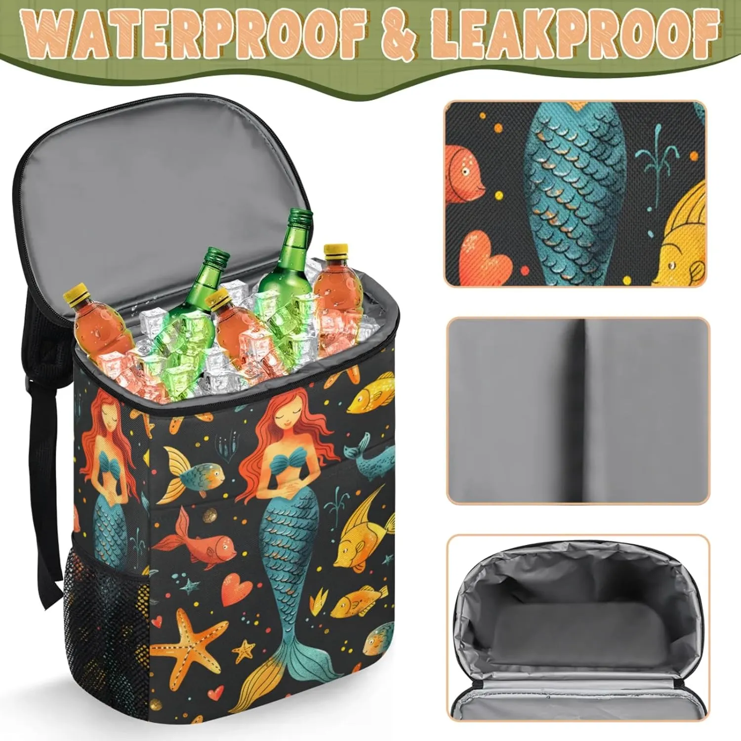 20-Hour Insulated Backpack Cooler Beautiful Mermaid Leakproof Cooler Bag Portable Cooler Backpack