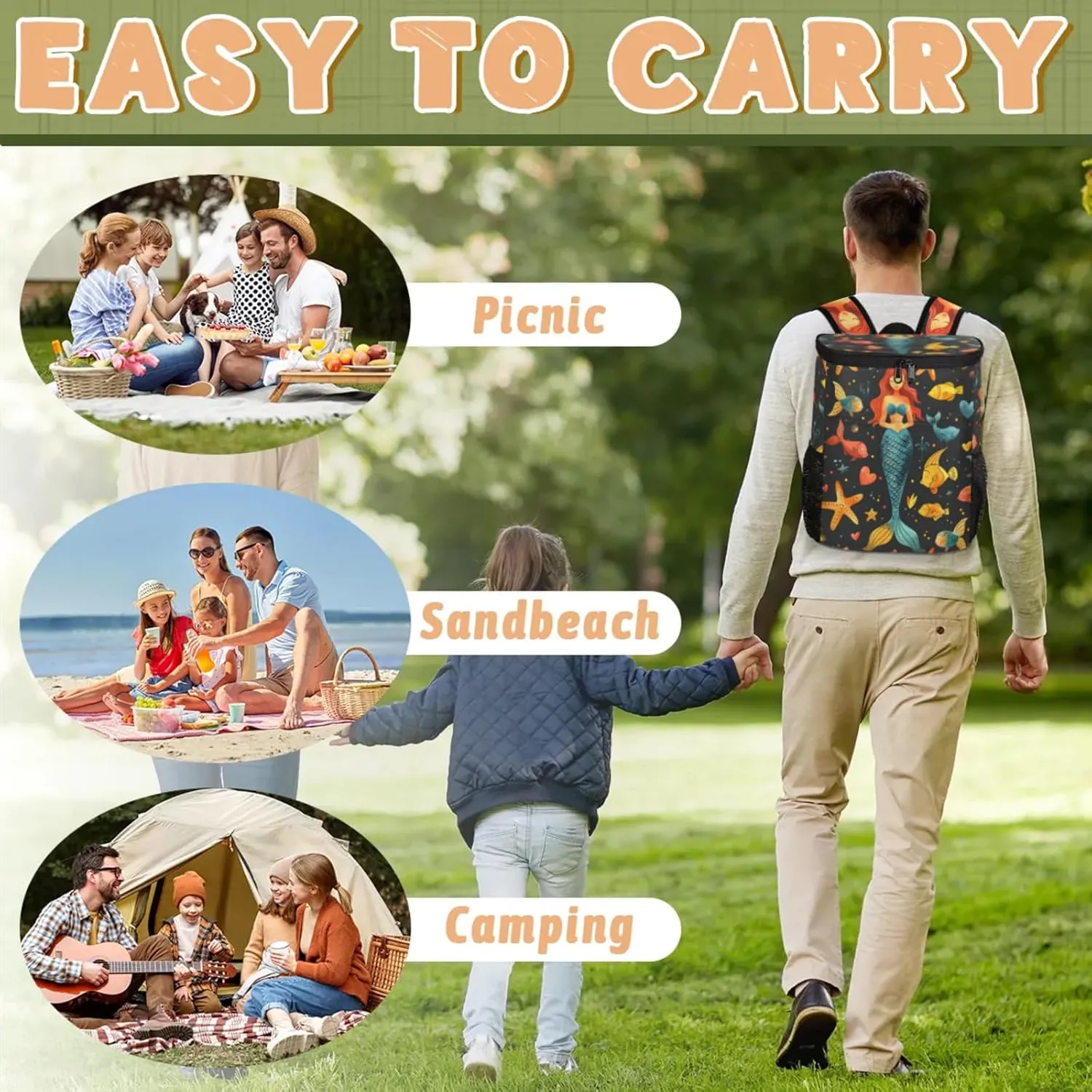 20-Hour Insulated Backpack Cooler Beautiful Mermaid Leakproof Cooler Bag Portable Cooler Backpack