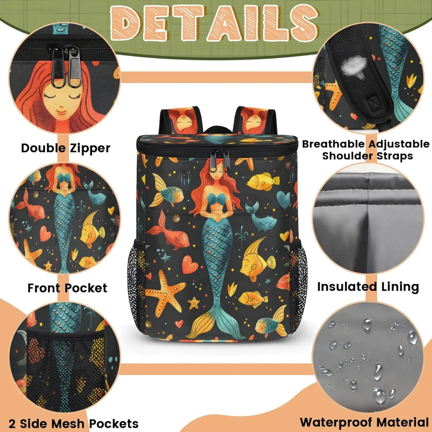 20-Hour Insulated Backpack Cooler Beautiful Mermaid Leakproof Cooler Bag Portable Cooler Backpack