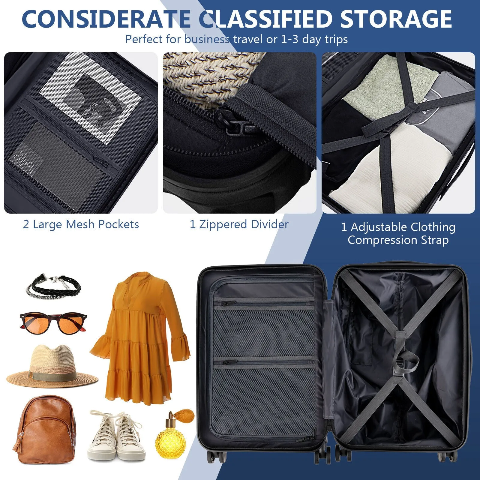 20 Inch Carry-on Luggage PC Hardside Suitcase TSA Lock with Front Pocket and USB Port-Navy