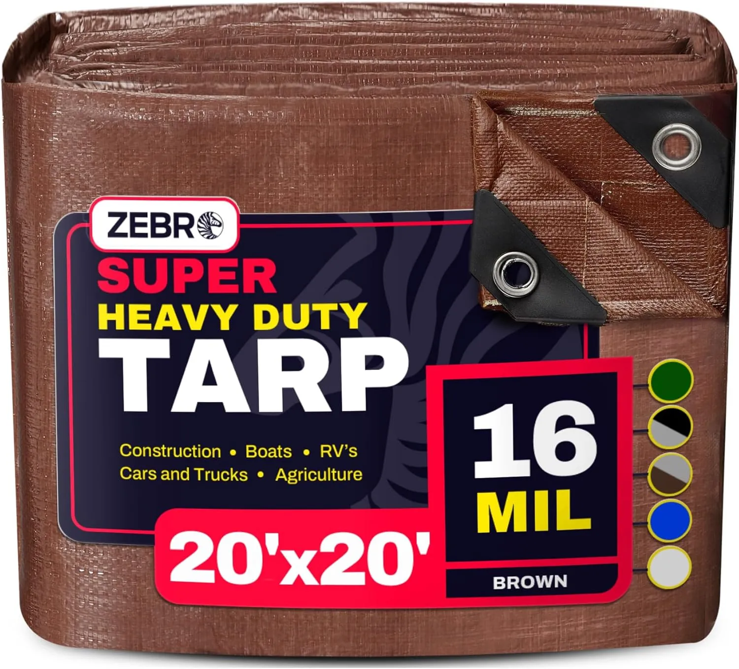 20' x 20' Brown Heavy Duty Tarp with Grommets Reinforced - 16 Mil Thick - Double Sided Plastic Tarps Waterproof - Large Tarpaulin Cover for Outdoor Camping Over/Under Tent Tarp RV Roof Rain - Zebro