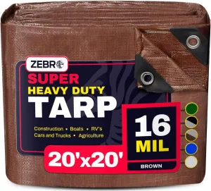 20' x 20' Brown Heavy Duty Tarp with Grommets Reinforced - 16 Mil Thick - Double Sided Plastic Tarps Waterproof - Large Tarpaulin Cover for Outdoor Camping Over/Under Tent Tarp RV Roof Rain - Zebro