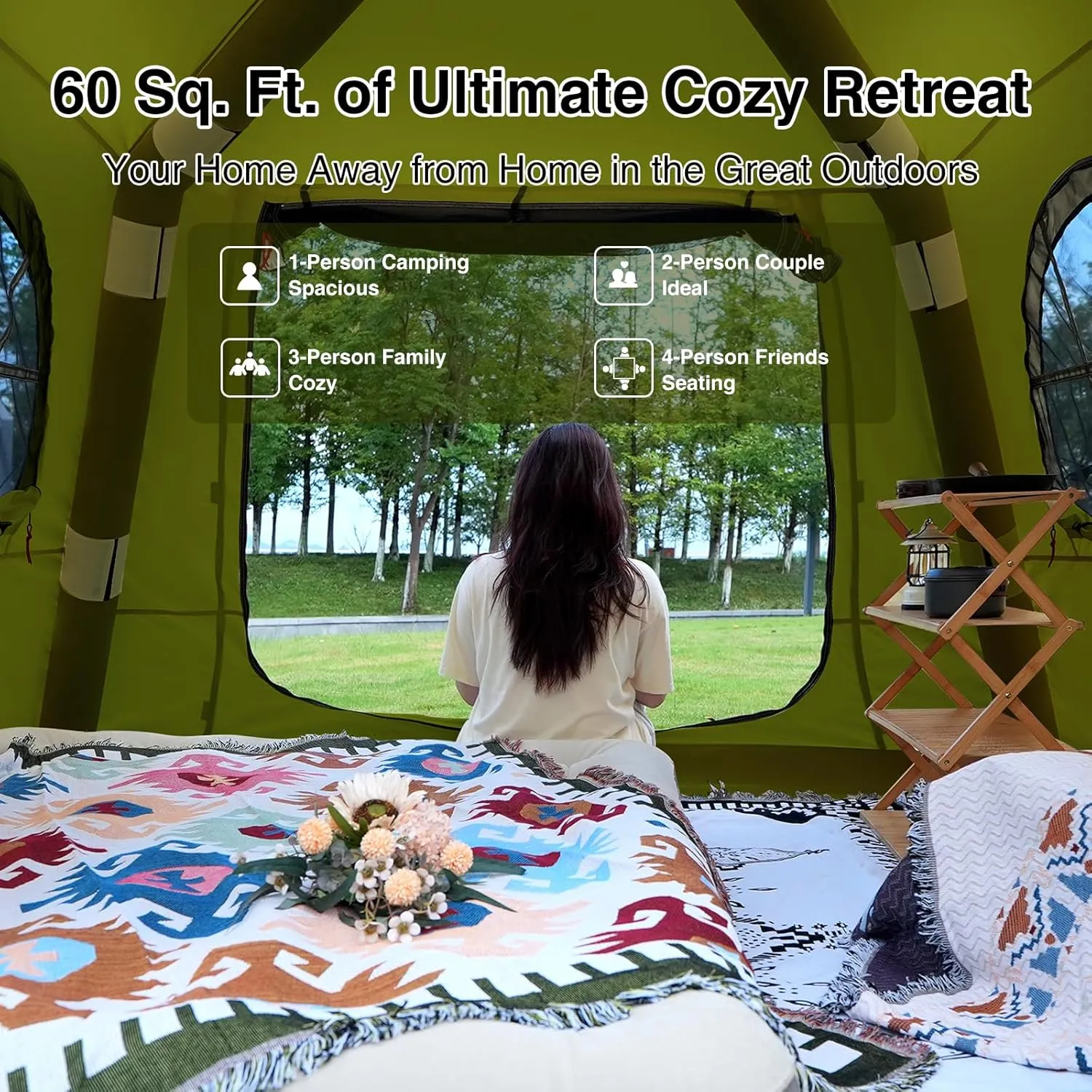 2025 Upgraded 100% Waterproof Inflatable Camping Tent, Large Blow-Up Air Tent, No Assembly Needed Luxury Glamping House, Oxford Fabric