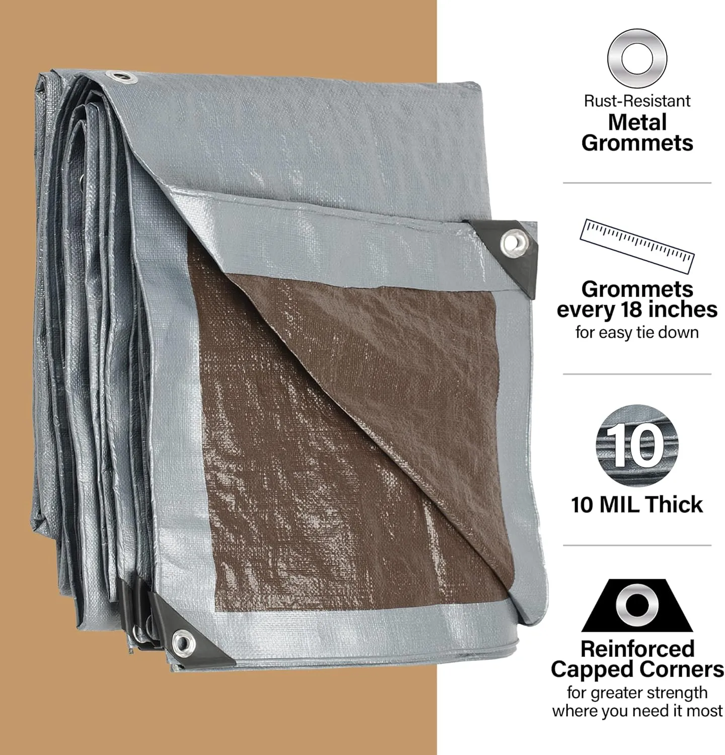 20x20 Heavy Duty Tarp, 10 Mil Thick, Waterproof, Tear & Fade Resistant, High Durability, UV Treated, Grommets Every 18 Inches. (Silver/Brown - Reversible) (20 x 20 Feet)