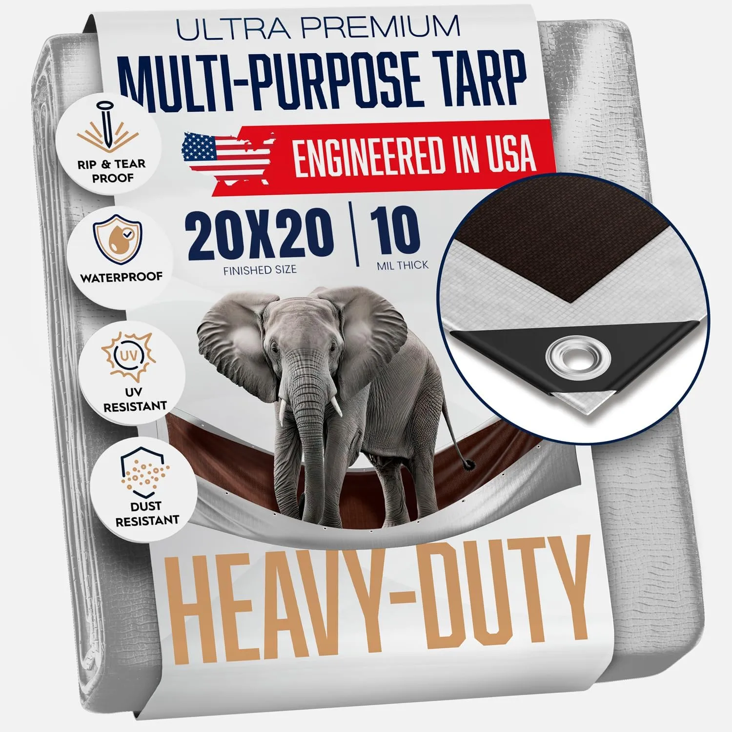 20x20 Heavy Duty Tarp, 10 Mil Thick, Waterproof, Tear & Fade Resistant, High Durability, UV Treated, Grommets Every 18 Inches. (Silver/Brown - Reversible) (20 x 20 Feet)