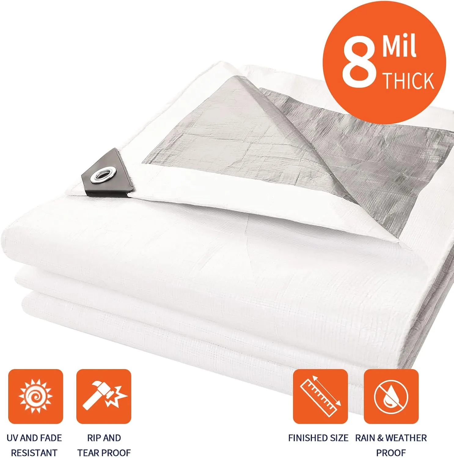 [20'X25'] RSW Heavy Duty Waterproof 8 Mil. Reversible (White/Silver) Tarp Cover, UV Resistant, Rip and Tear Proof Tarpaulin with Reinforced Edges - for Roof, Camping, Patio, Pool Cover, Boat