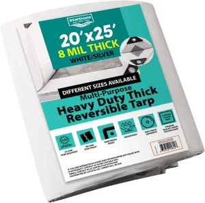 [20'X25'] RSW Heavy Duty Waterproof 8 Mil. Reversible (White/Silver) Tarp Cover, UV Resistant, Rip and Tear Proof Tarpaulin with Reinforced Edges - for Roof, Camping, Patio, Pool Cover, Boat