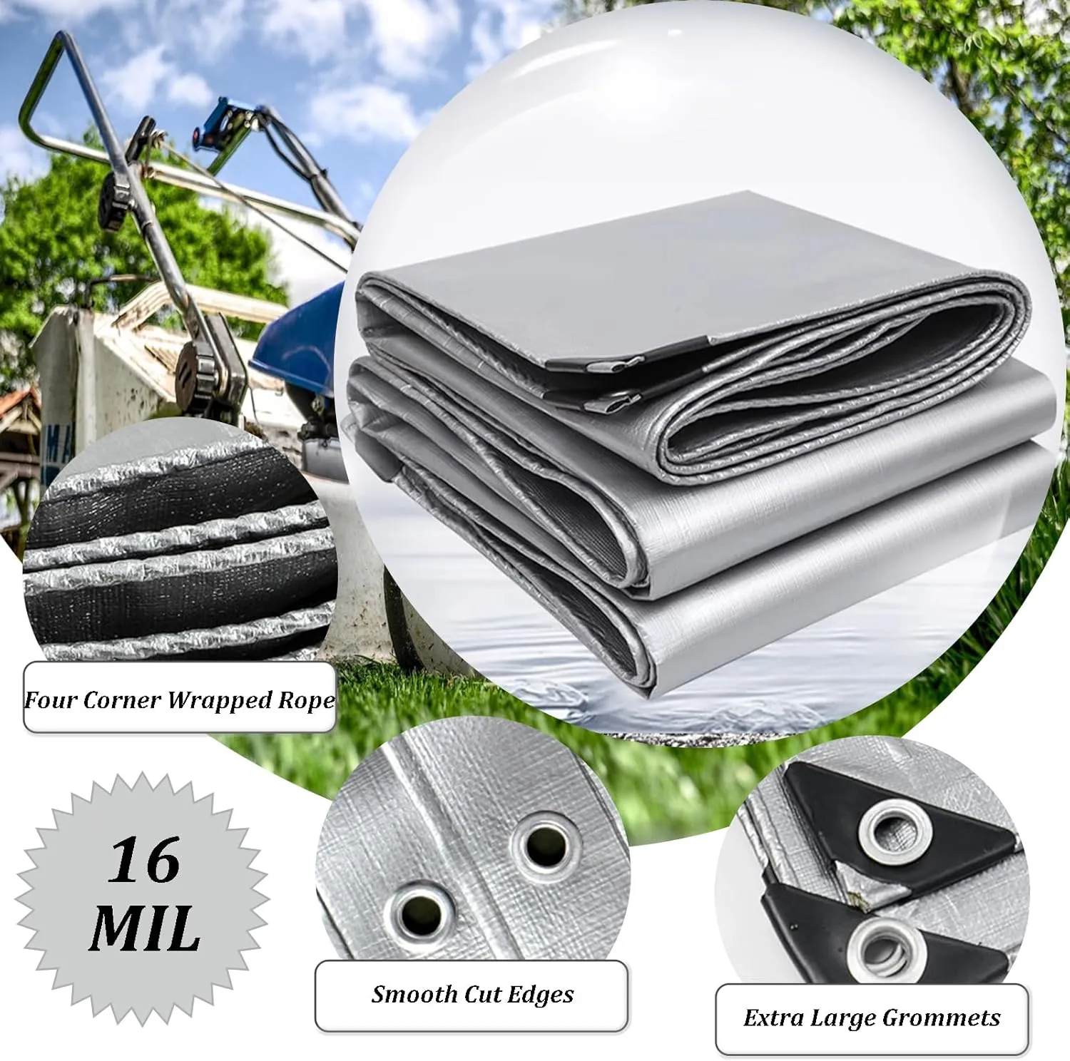 20x30Ft Tarps 16 MIL Poly Canopy Shelter Cover Tarp Reinforced Edges Waterproof UV Resistant, Tear and Color Fade Resistant, for Home, Boats, Cars, Camp, Outdoor Pool Silver Black