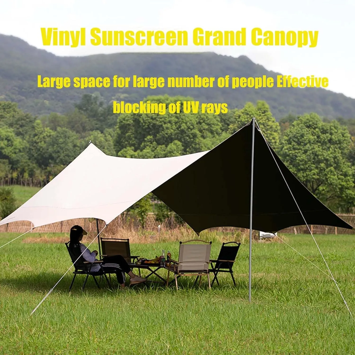220x177inch Waterproof Portable Tarp Multifunctional with Poles Outdoor Camping Traveling Awning Windproof Anti UV Backpacking Tarp Shelter Rain Tarp(Rice-White,177x173x102inch)