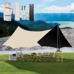 220x177inch Waterproof Portable Tarp Multifunctional with Poles Outdoor Camping Traveling Awning Windproof Anti UV Backpacking Tarp Shelter Rain Tarp(Rice-White,177x173x102inch)