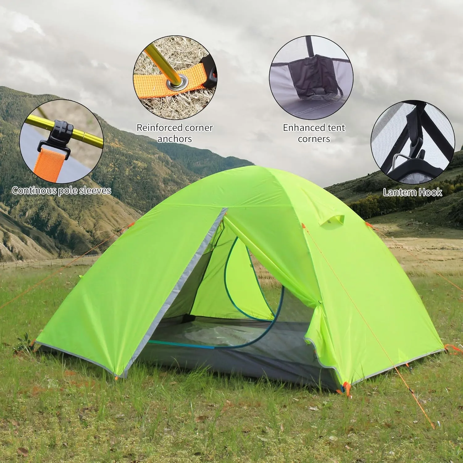 2/3 Person Camping Tent Backpacking Lightweight Tent Waterproof Windproof Aluminum Pole Two Doors Double Layer Easy Setup Portable for Outdoor Camping Hiking Beach Travel