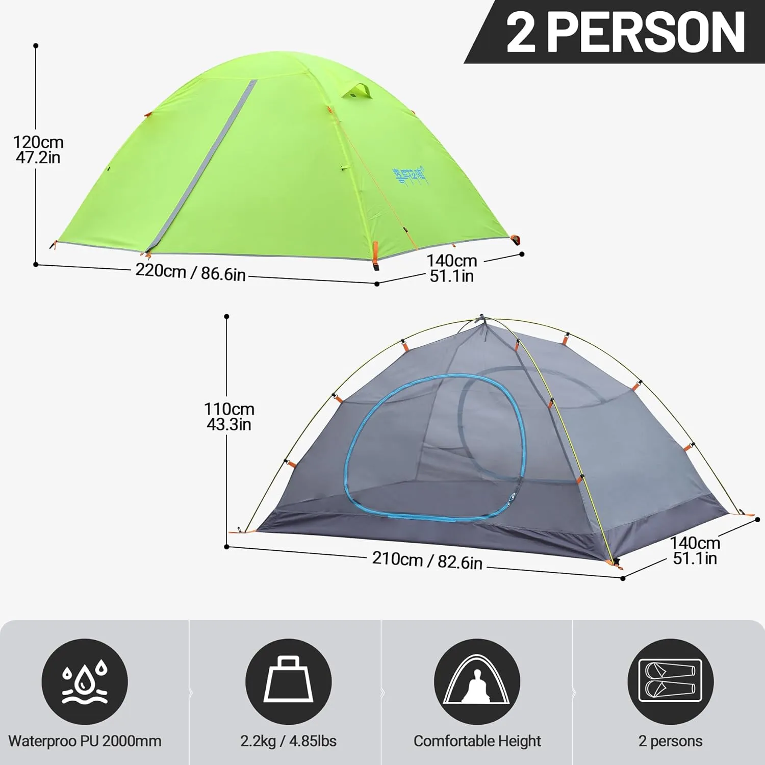 2/3 Person Camping Tent Backpacking Lightweight Tent Waterproof Windproof Aluminum Pole Two Doors Double Layer Easy Setup Portable for Outdoor Camping Hiking Beach Travel