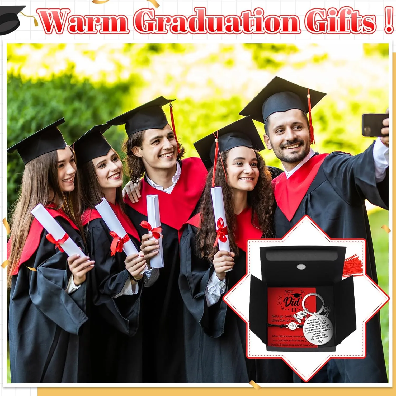 24 Sets 2025 Graduation Gifts Unisex Bracelets Comes in Cap Box with Quote Card Keychain for Class of 2025