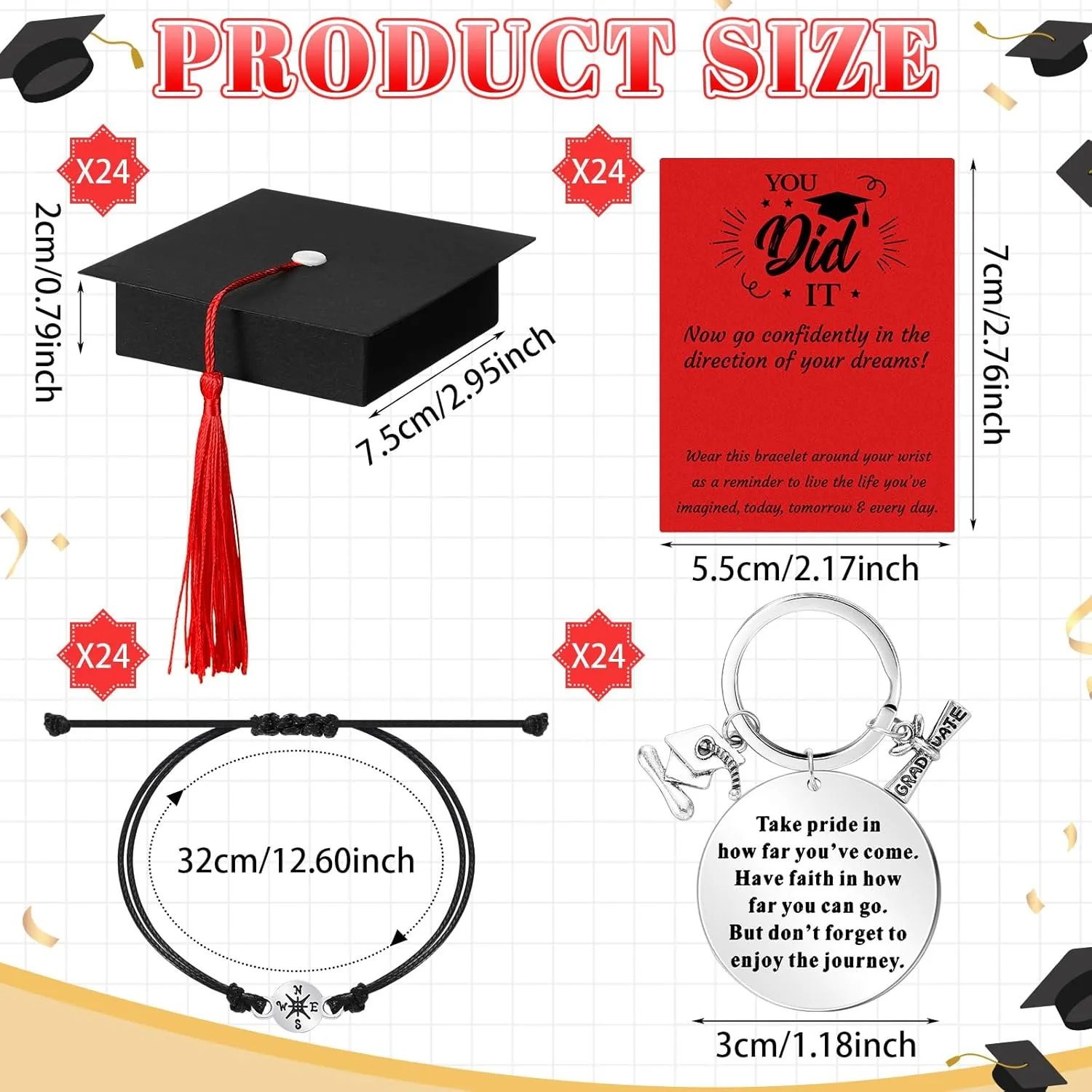 24 Sets 2025 Graduation Gifts Unisex Bracelets Comes in Cap Box with Quote Card Keychain for Class of 2025