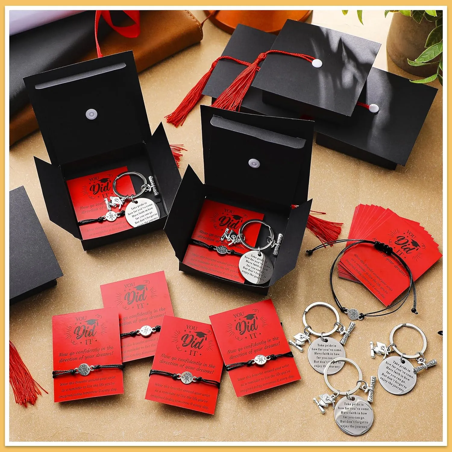 24 Sets 2025 Graduation Gifts Unisex Bracelets Comes in Cap Box with Quote Card Keychain for Class of 2025