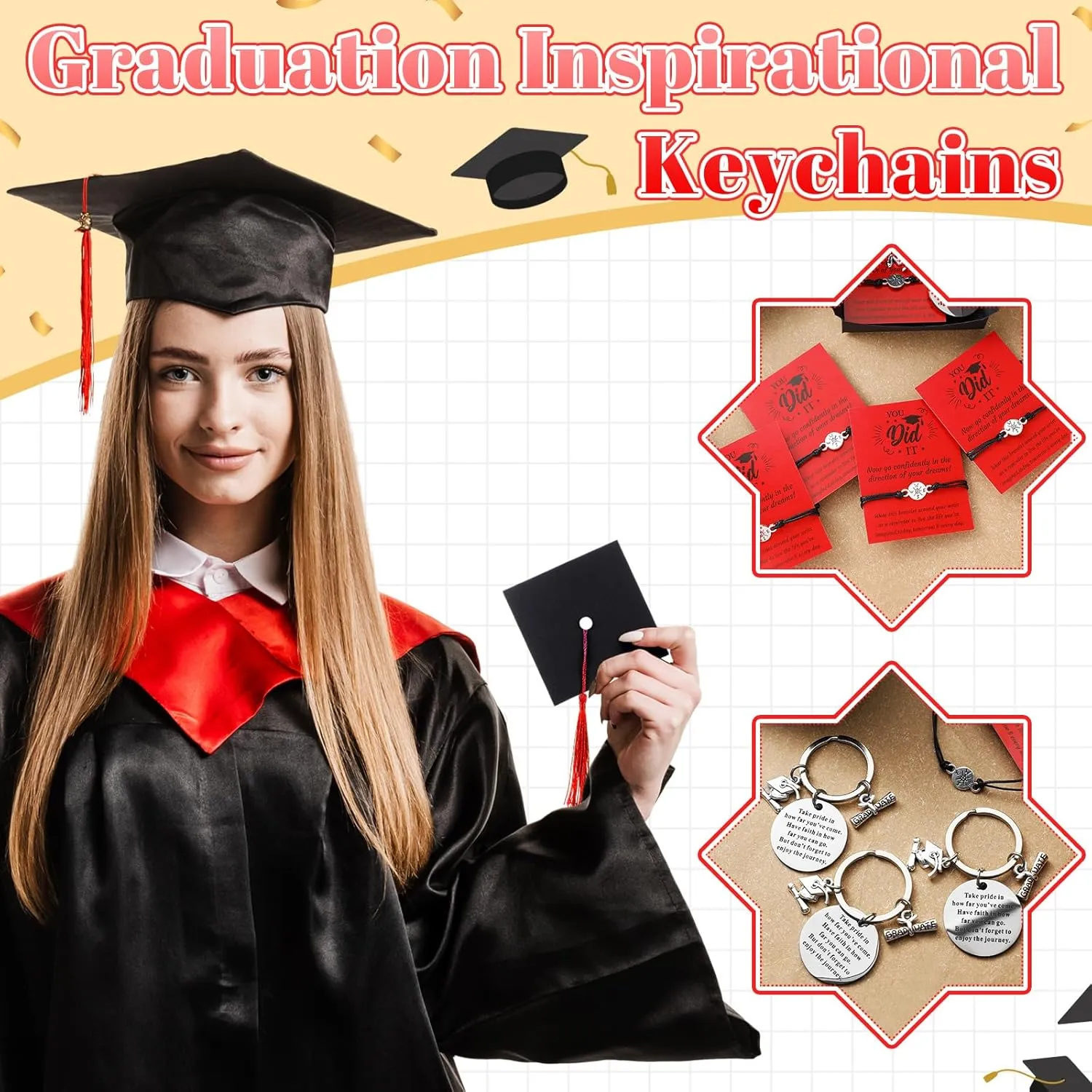 24 Sets 2025 Graduation Gifts Unisex Bracelets Comes in Cap Box with Quote Card Keychain for Class of 2025